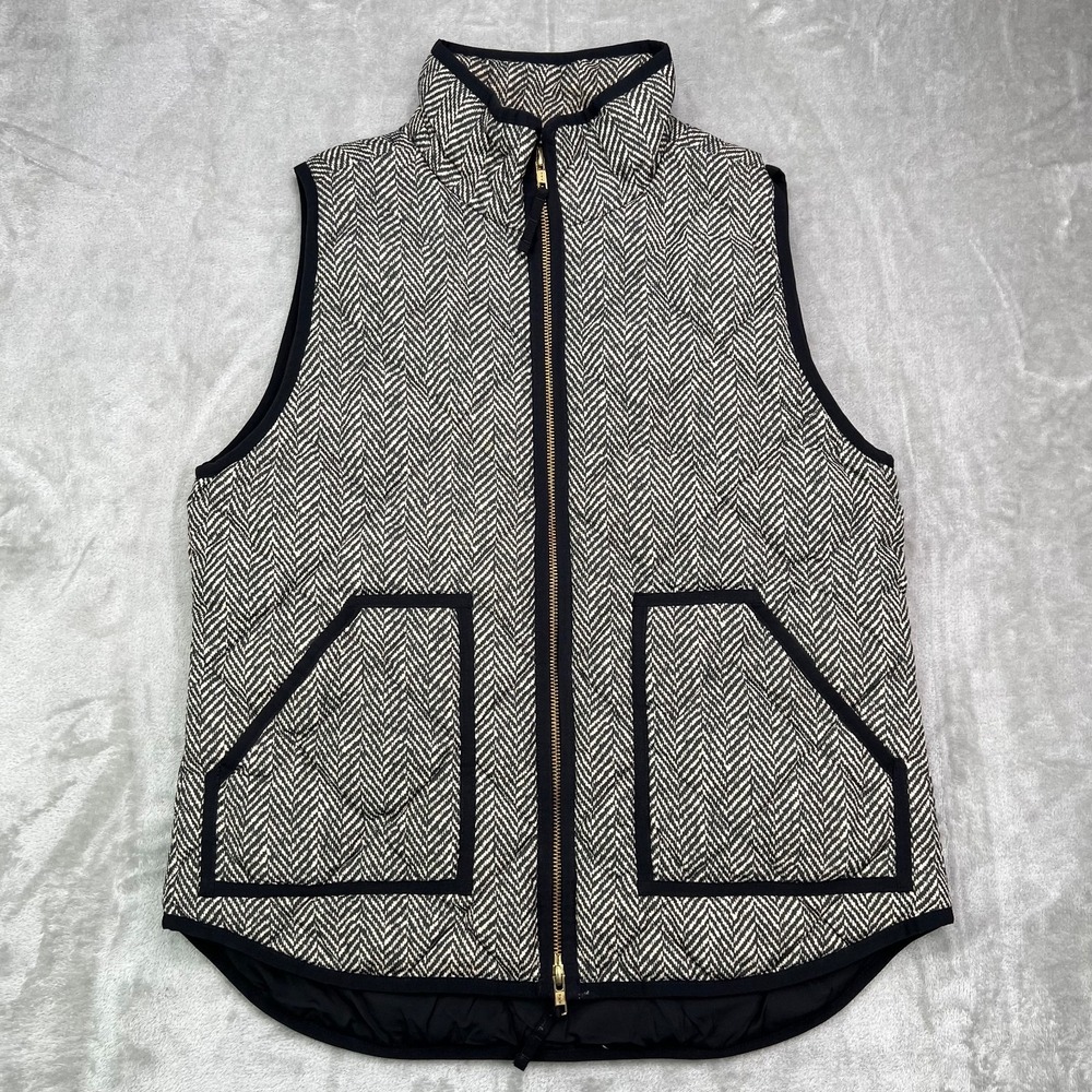 J. Crew Factory Black and White Herringbone Quilted Vest with Gold Zipper